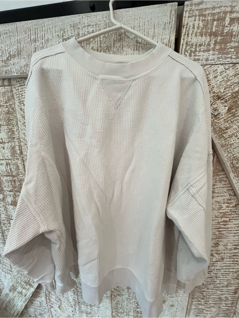 Aerie Women’s Oversized Crewneck Ribbed Sweatshirt in Light Beige/Cement Sz XL
